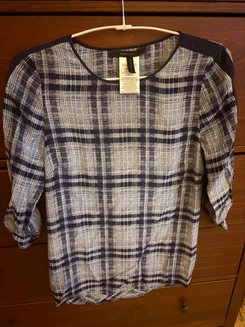 BCBGMaxAzria 100% Silk Plaid Top